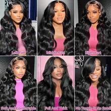 Body Wave 13x4 Lace Front Human Hair Wigs Brazilian 30 40 Inch Curly Water Wave HD 13x4 Lace Frontal Wig For Women Pre-Plucked Hairline With Baby Hair - Natural Black - Xem 4