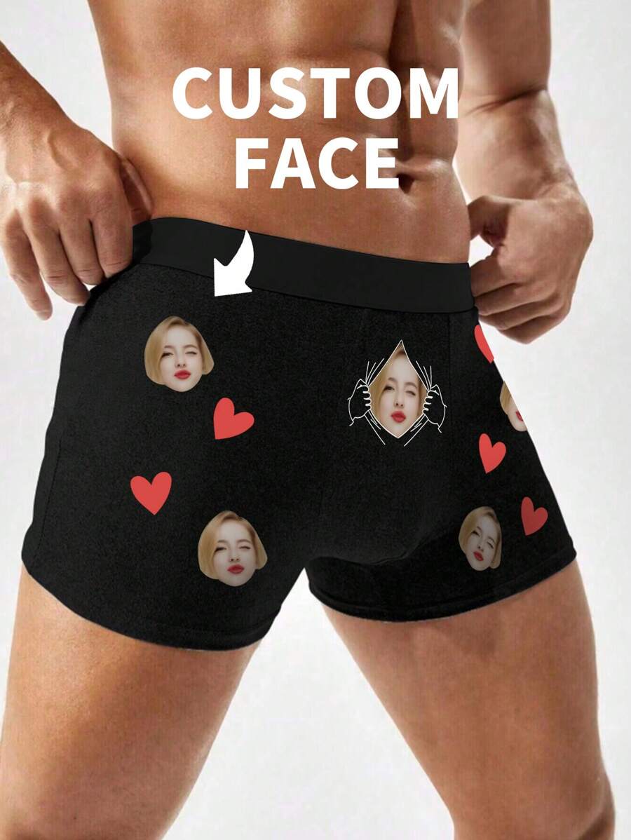 Men's Customized Black Boxers, Customized With "I LOVE MY" Letter & Heart Print Design, Intimate Apparel, Holiday/Anniversary Gift