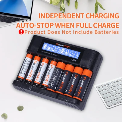 powerKAN CN8 AA AAA Battery Charger, 8 Slots Can Charge 1-8 AA AAA Batteries At The Same Time Output Current 500mA*1 And USB-C Input LCD Battery Charger For 1.2V Ni-MH/Ni-CD AA AAA Rechargeable Batteries (With USB-C Cable)