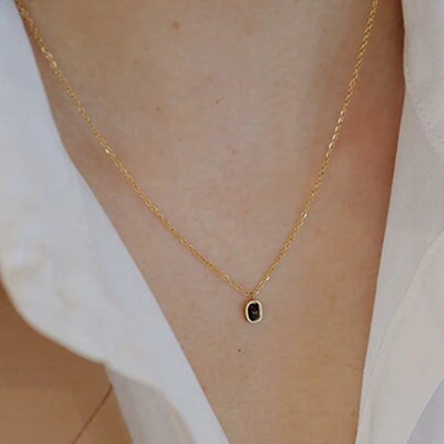 BALMORA 1件简约优雅S925纯银镀金方形黑色吊坠项链，女士冬季派对珠宝礼物