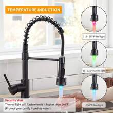 Matte Black LED Light Kitchen Sink Faucet With Pull Down Sprayer 1 Hole Single Handle Swivel Sink Faucet - Black - View 5