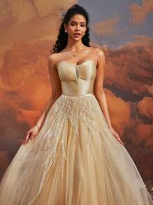 VIPGIRL Elegant Light Yellow Strapless Satin Tulle Evening Gown With Lace-Up Back, Women Formal & Evening Dresses, Prom Dresses For Women,Homecoming Dress Short Party Dress Wedding Guest Dress - Yellow - View 8