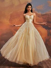 VIPGIRL Elegant Light Yellow Strapless Satin Tulle Evening Gown With Lace-Up Back, Women Formal & Evening Dresses, Prom Dresses For Women,Homecoming Dress Short Party Dress Wedding Guest Dress - Yellow - View 6