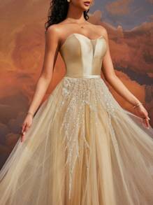 VIPGIRL Elegant Light Yellow Strapless Satin Tulle Evening Gown With Lace-Up Back, Women Formal & Evening Dresses, Prom Dresses For Women,Homecoming Dress Short Party Dress Wedding Guest Dress - Yellow - View 9
