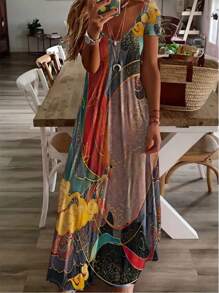 Abito casual estivo da donna con scollo a V e stampa