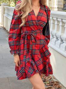 Women's Red Plaid Ruffle Trim Wrap Dress - Red - View 3