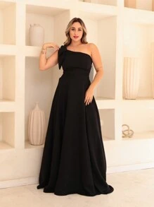 Victoria Long Luxury Dress Plain Duna Linen With Bow One Shoulder - Black - View 2