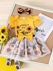 3pcs Baby Girl Sunflower & Letter Print Cap Sleeve Bodysuit And Sunflower Chiffon Patchwork Tiered Skirt With Headband Set