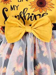 3pcs Baby Girl Sunflower & Letter Print Cap Sleeve Bodysuit And Sunflower Chiffon Patchwork Tiered Skirt With Headband Set