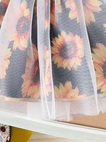 3pcs Baby Girl Sunflower & Letter Print Cap Sleeve Bodysuit And Sunflower Chiffon Patchwork Tiered Skirt With Headband Set