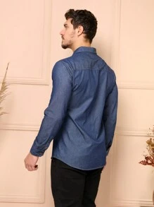 Denim Dress Shirt - Navy Blue - View 5