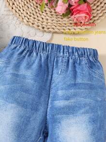 3pcs Baby Girl Denim Effect Flared Pants Casual Bottoms Set