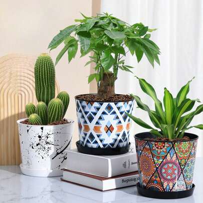 6 Inch Colorful Plastic Plant Pots With Saucers - Set Of 1/2/3 Round Indoor/Outdoor Flower Planters For Succulents, Herbs, African Violets | Home & Garden Decor Gifts Birthday Graduation Home Decor Vase Room Decor Flower Vase Glass Vase