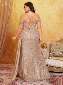 UNITHORSE 大码露肩露背交叉绑带连衣裙，人字纹前开衩，拉长腿部线条，优雅亮片连衣裙，适合婚礼宾客、毕业典礼、秋季派对等正式场合。 - 香檳色 - 查看 2