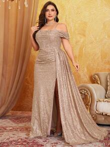 UNITHORSE 大码露肩露背交叉绑带连衣裙，人字纹前开衩，拉长腿部线条，优雅亮片连衣裙，适合婚礼宾客、毕业典礼、秋季派对等正式场合。 - 香檳色 - 查看 3