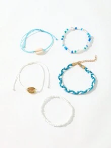 5pcs Set Handmade Seashell Beaded Bracelets, Matching Faux Pearl Evil Eye & Heart Charm Bracelet Jewelry Set For Women Valentines