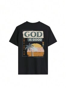 女士新款夏季口号：棕榈树印花休闲圆领短袖 T 恤，适合日常休闲和时尚度假风格。图案 T 恤女士度假装女士黑色上衣 - 黑色 - 查看 3