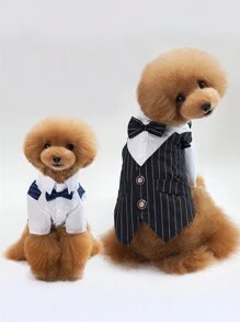 Conjunto de vestido a rayas formal para perros, adecuado para bodas y fiestas, con lazo - Ropa elegante para mascotas apta para ocasiones especiales