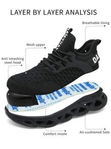 男士防砸钢头鞋耐磨防刺穿系带工作鞋舒适透气减震防滑鞋底防刺穿工作鞋全黑 - 黑色 - 查看 3