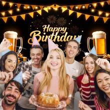 Beer-Themed Black And Gold Happy Birthday Party Backdrop With Banner - Multicolor - View 6