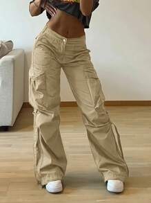 Women's Y2K Streetwear Flap Pocket Strap Detail Loose Casual Wide Leg Parachute Cargo Pants