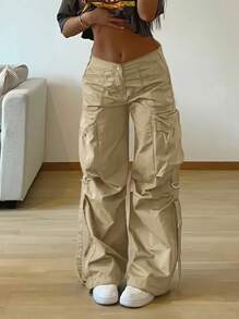 Y2K Street Flap Pocket Tape Detail Loose Casual Wear Wide Leg Parachute Cargo Pants - 卡其色 - 查看 1