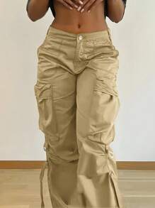 Y2K Street Flap Pocket Tape Detail Loose Casual Wear Wide Leg Parachute Cargo Pants - 卡其色 - 查看 5
