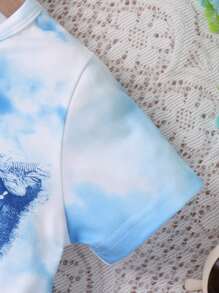 2 件女童休闲蝴蝶印花蕾丝蝴蝶结短袖 T 恤和喇叭腿柔软针织裤套装，春夏 - 淺藍色 - 查看 5