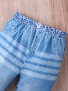 2 件女童休闲蝴蝶印花蕾丝蝴蝶结短袖 T 恤和喇叭腿柔软针织裤套装，春夏 - 淺藍色 - 查看 7