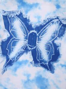 2 件女童休闲蝴蝶印花蕾丝蝴蝶结短袖 T 恤和喇叭腿柔软针织裤套装，春夏 - 淺藍色 - 查看 4