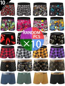 10 Pcs Assorted Solid Color & Printed Pattern Men's Boxer Briefs, Comfortable Elastic Waist Sports Underwear, Fashion Men's Innerwear, Random Print Designs - Multicolor - View 1