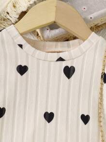 Young Girl Valentine's Day Heart Print Crew Neck Thick Rib Knit Cozy Dress Suitable For Outerwear - Khaki - View 4