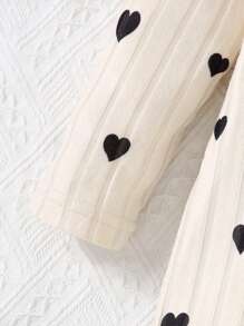 Young Girl Valentine's Day Heart Print Crew Neck Thick Rib Knit Cozy Dress Suitable For Outerwear - Khaki - View 3