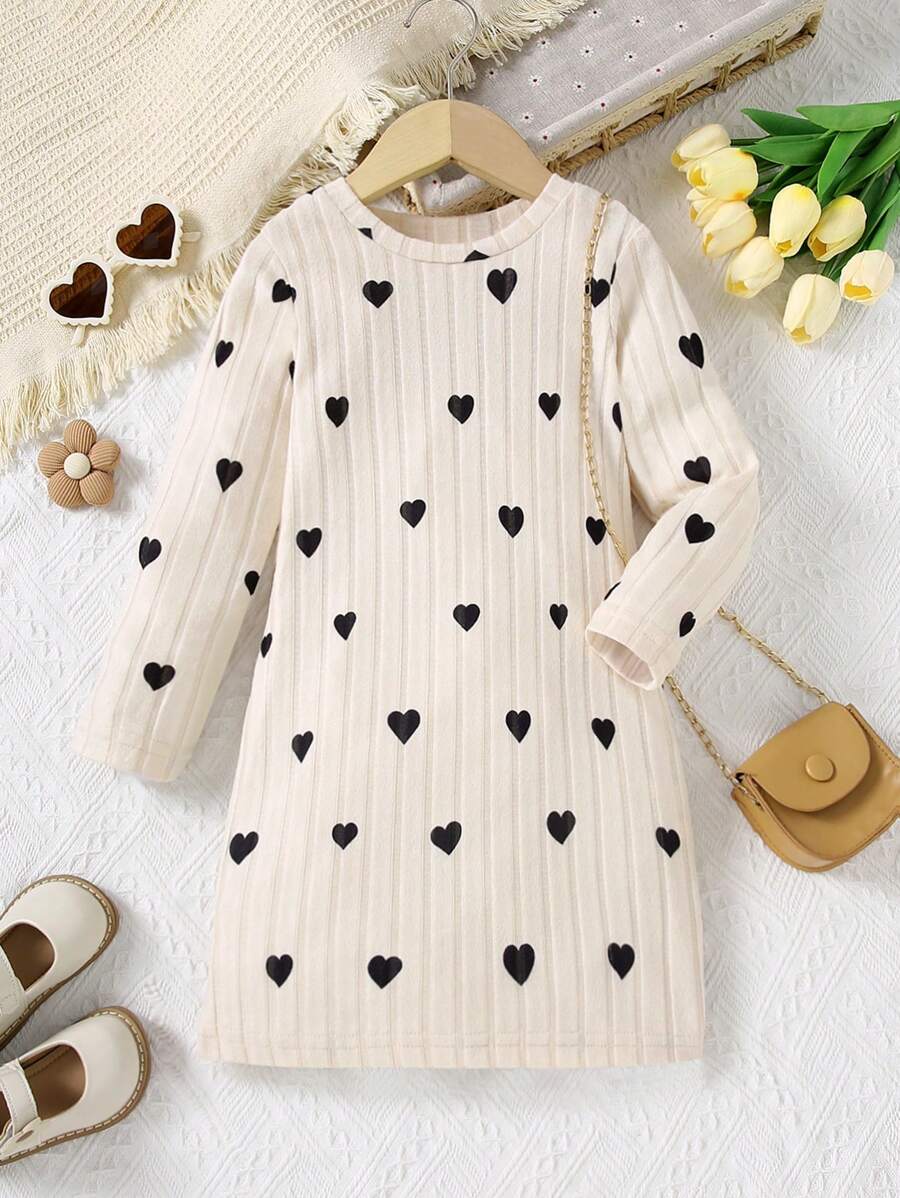 Young Girl Valentine's Day Heart Print Crew Neck Thick Rib Knit Cozy Dress Suitable For Outerwear - Khaki - View 1