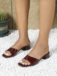 Women's High Heel Sandals, Casual Open Toe Flat Sandals, Fashion Chunky Heel Commuter Sandals, Slip On Beach Slippers - Burgundy - View 3