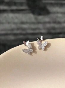 1 对简约小巧的水晶装饰蝴蝶耳钉，优雅的设计，适合女性日常佩戴 - 銀色 - 查看 3