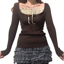 Women's Y2k Knitted Tops Lace Stitching Neckline Bowknot Fron Slim-Fit Long Sleeve Shirt Fairy Grunge Aesthetic Clothes Streetwear - 棕色 - 查看 2