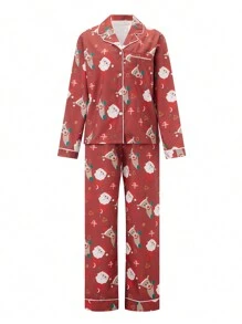 Womens Silk Satin Pajama Set Y2k Christmas Santa Claus Elk Print Long Sleeve Shirt Tops And Wide Leg Pants Sleepwear
