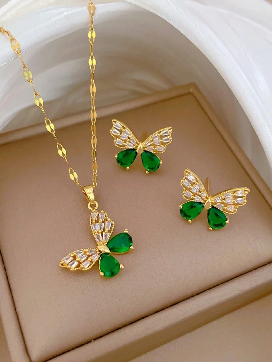 1 Set Stainless Steel Hollow Butterfly Necklace & Earrings, Luxury Micro-Inlaid Rhinestone Personalized Banquet Jewelry Set, Valentine's Day Gift