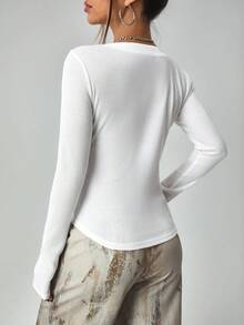 AAmilife Women's Solid Color Round Neck Button Front Long Sleeve Cardigan, Fitted, Spring/Summer Y2K Style - White - View 2