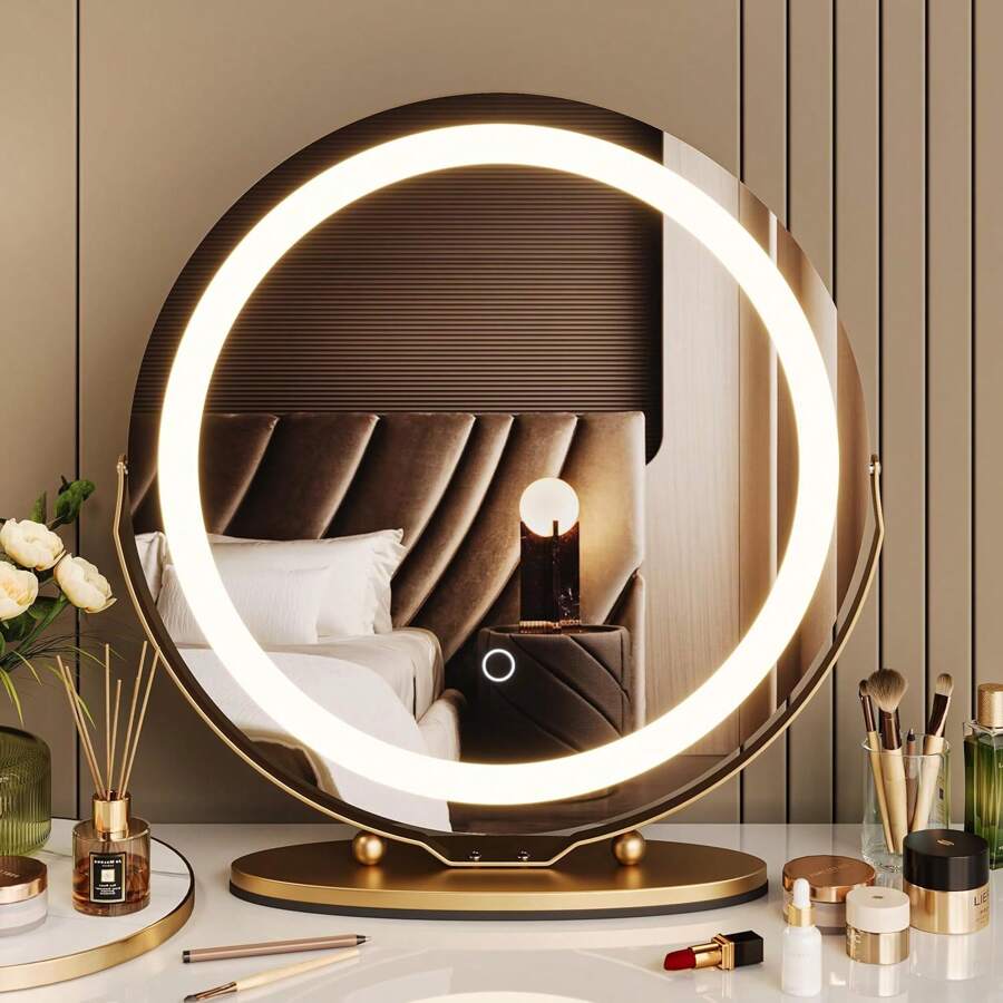 19'' Vanity Mirror With LED Lights, Large Round Makeup Mirror With Touch Control And 3 Color Lighting Modes, 360° Rotation, Round Vanity Mirror For Bedroom, Tabletop, Living Room - Gold - View 1