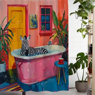 防水涤纶浴帘，带复古浴缸斑马和绿色植物印花，艺术设计，可机洗，包含 12 个挂钩 - 动物和植物主题浴室配件家居浴室装饰秋季装饰浴室配件返校