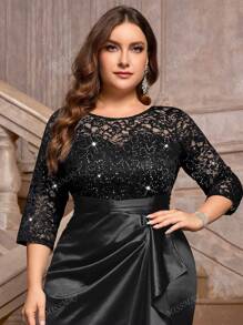 Plus Size Sequin Floral Lace Contrast Ruched Ruffle Trim Satin Evening Party Dress,Gown,Formal,Wedding Guest