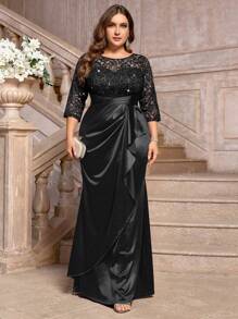 Plus Size Sequin Floral Lace Contrast Ruched Ruffle Trim Satin Evening Party Dress,Gown,Formal,Wedding Guest