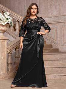 Plus Size Sequin Floral Lace Contrast Ruched Ruffle Trim Satin Evening Party Dress,Gown,Formal,Wedding Guest