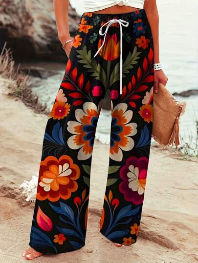 女士宽松花卉印花休闲裤，春夏度假高腰泳衣