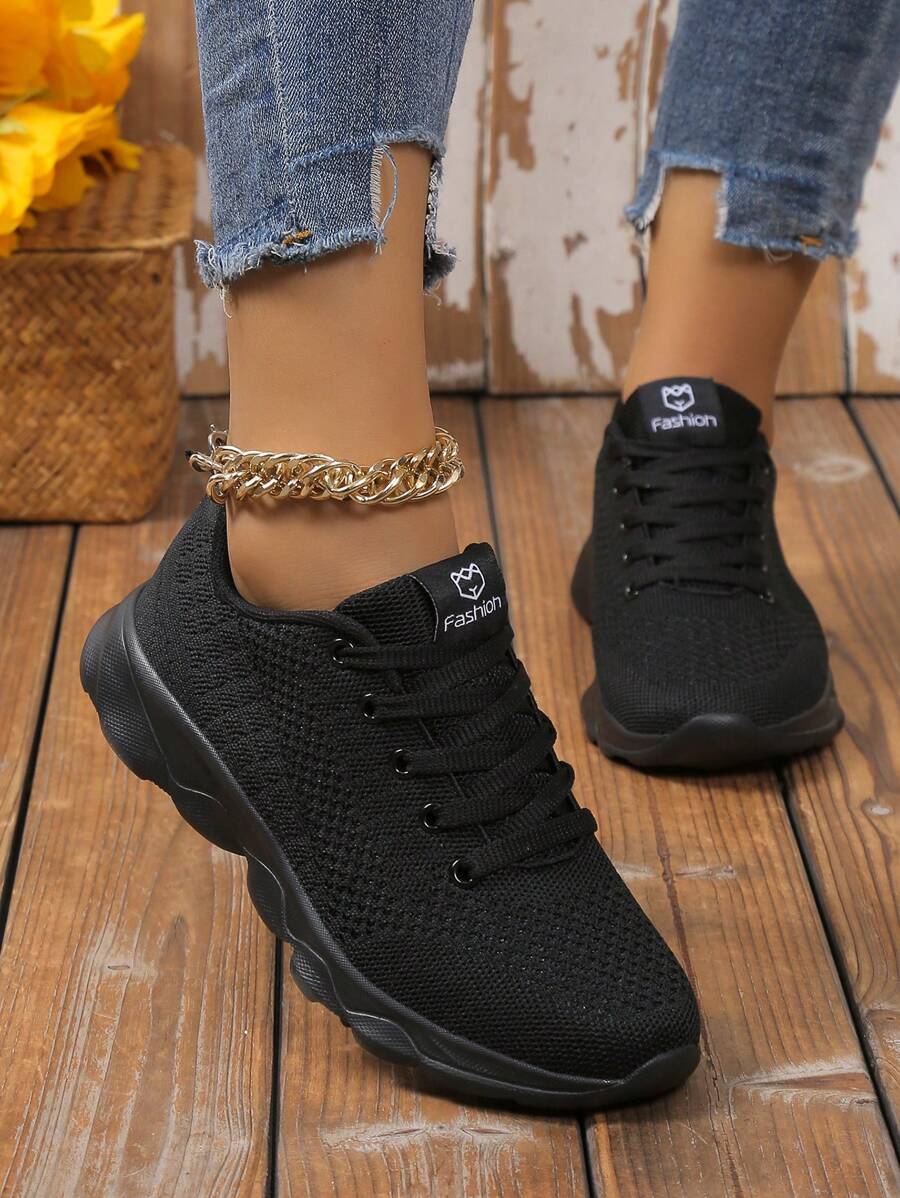 女士户外运动鞋，条纹花卉系带，柔软面料，防滑轻便跑步运动鞋 - 黑色 - 查看 1