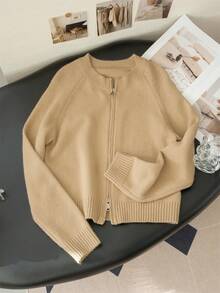 Áo khoác len cardigan dệt kim National Style Warm Outerwear hai chiều khóa kéo cho nữ, mùa thu/đông - Lạc đà - Xem 2