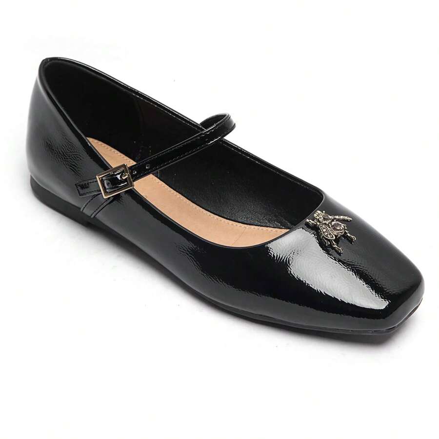 Chaussures plates pour femmes avec sangles et décorations, style classique - NOIR-1 - Voir 1