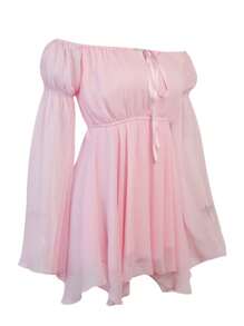 Womens Casual Long Sleeve Dress Fashion Solid Color Mesh Yarn Boat Neck Loose Short Dress - Pink - View 7